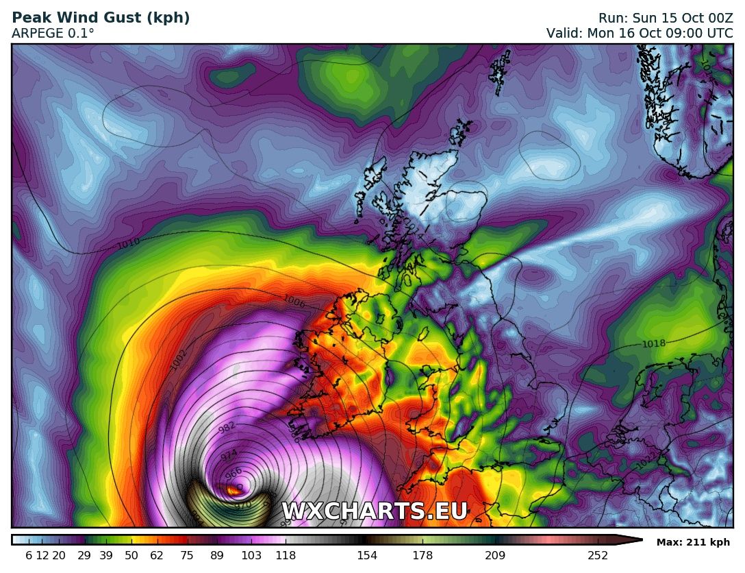 ARPEGE model guidance for peak wind gusts during tomorrow's landfall of Ophelia: peak wind gusts in southern Ireland up to 150-160 km/h.   