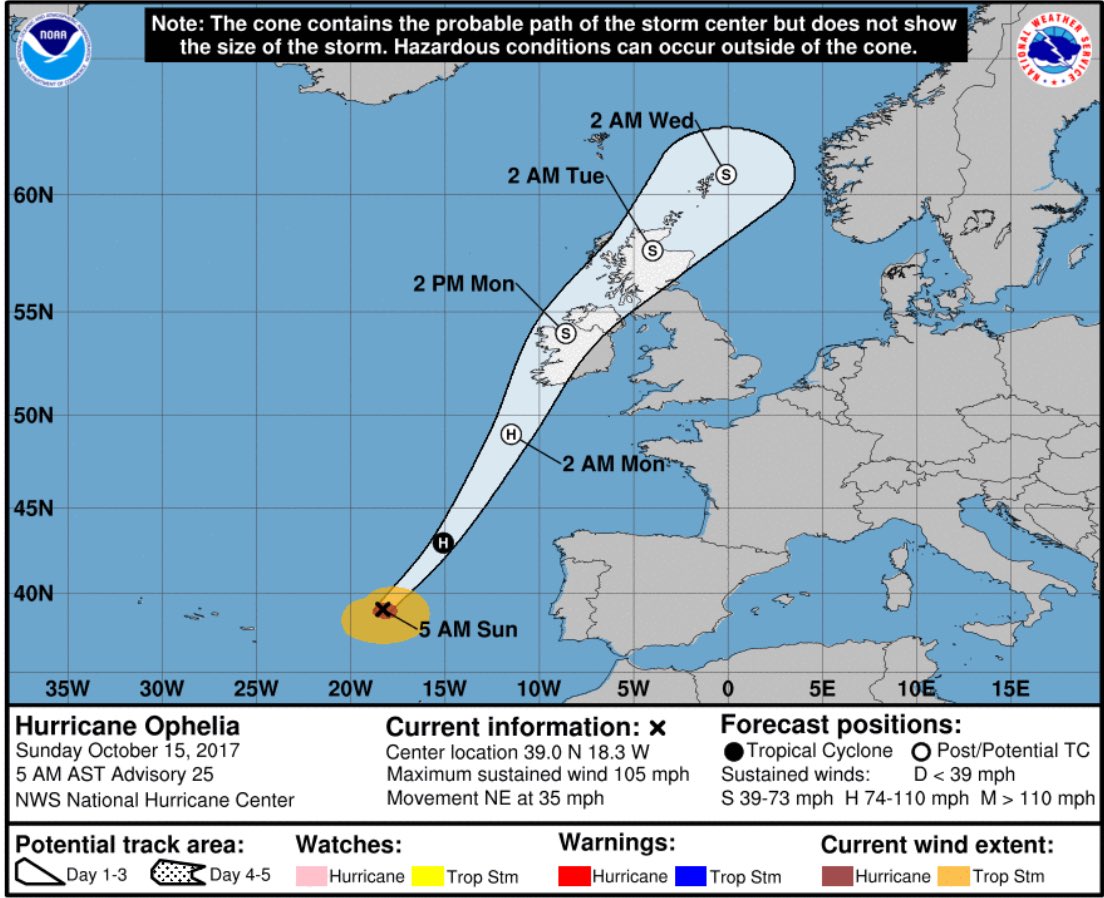 Latest track for Ophelia @NWSNHC shifted slightly east, making landfall in Ireland just west of a Bear Island in County Cork.   